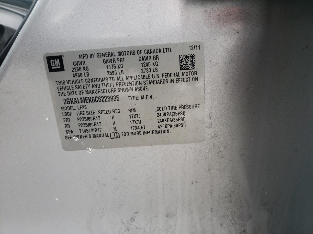 Photo 10 from auction – 2012 GMC TERRAIN SL with VIN 2GKALMEK6C6223835