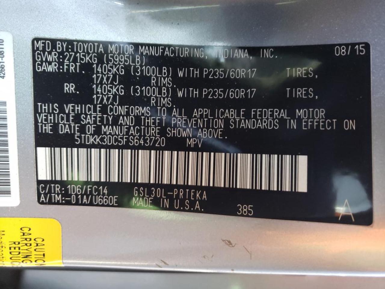Photo 10 from auction – 2015 TOYOTA SIENNA LE with VIN 5TDKK3DC5FS643720