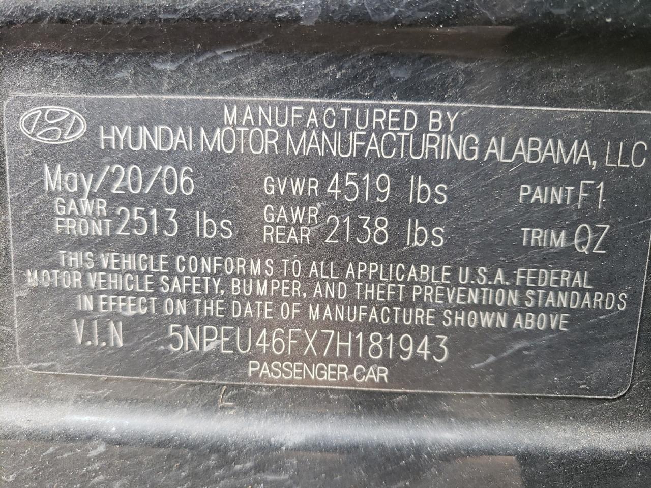 Photo 10 from auction – 2007 HYUNDAI SONATA SE with VIN 5NPEU46FX7H181943
