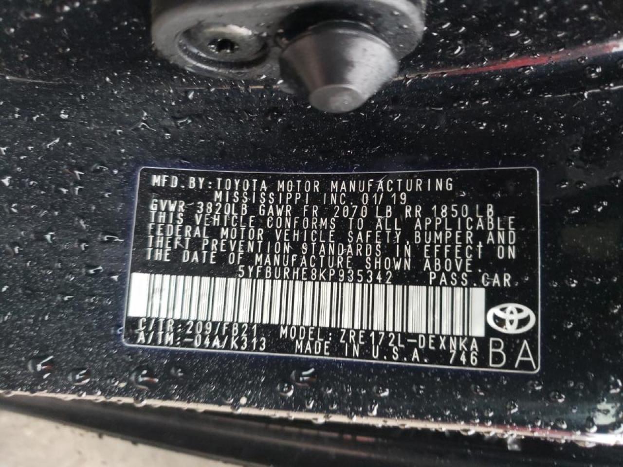 Photo 10 from auction – 2019 TOYOTA COROLLA L with VIN 5YFBURHE8KP935342