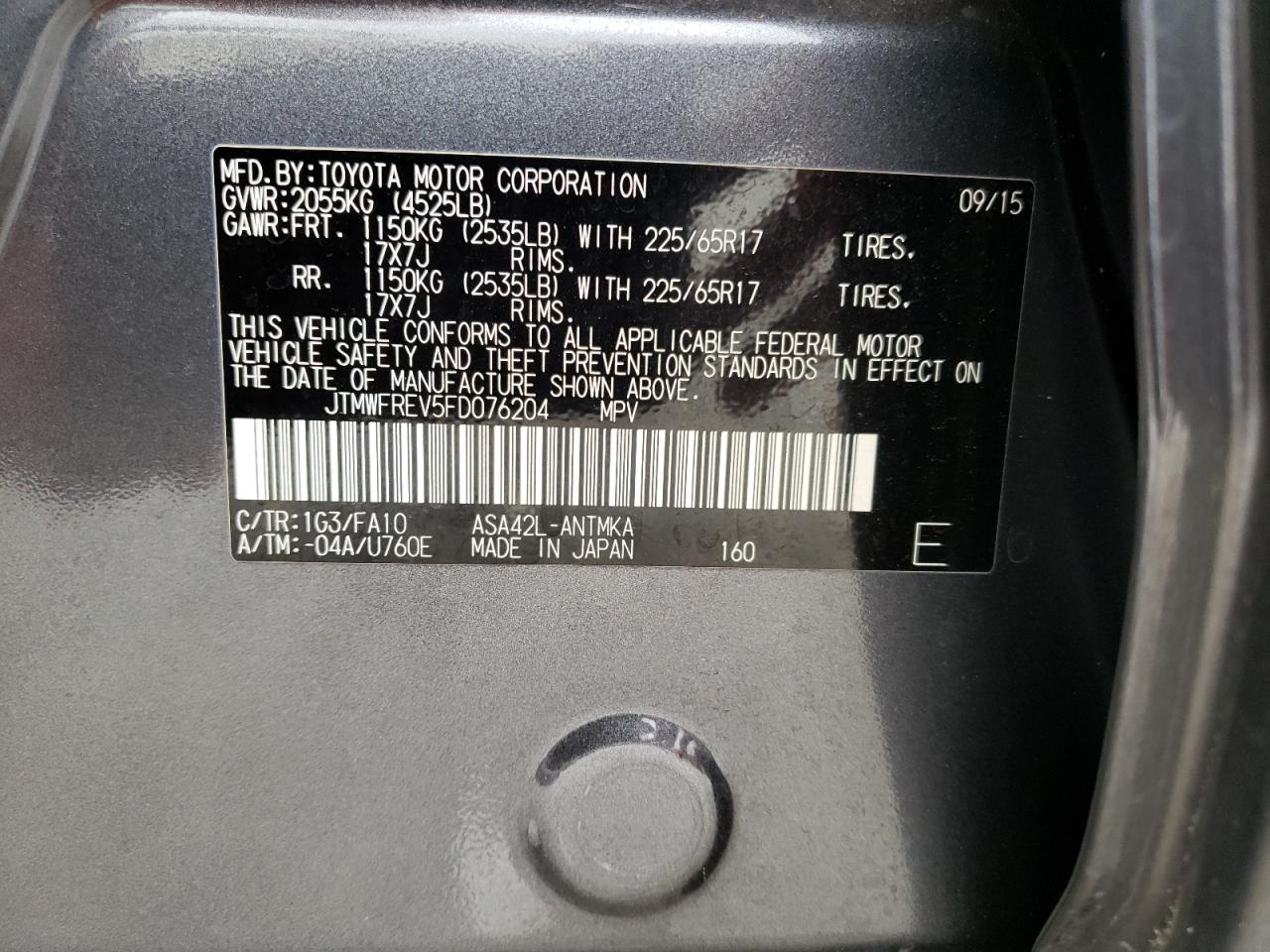 Photo 10 from auction – 2015 TOYOTA RAV4 XLE with VIN JTMWFREV5FD076204
