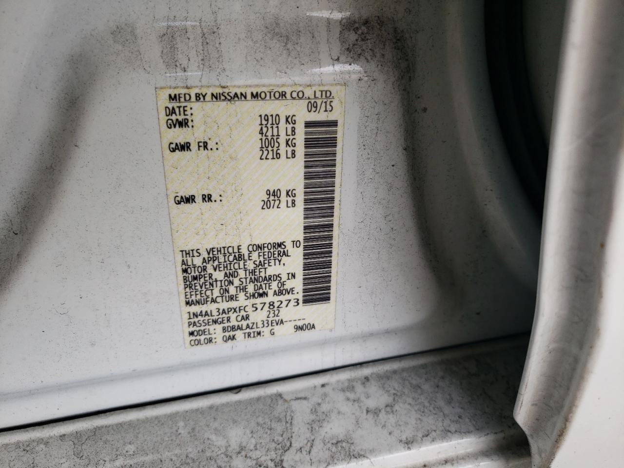 Photo 10 from auction – 2015 NISSAN ALTIMA 2.5 with VIN 1N4AL3APXFC578273