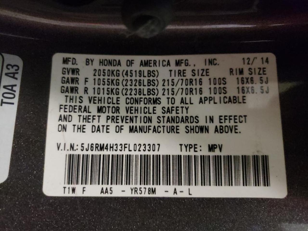 Photo 10 from auction – 2015 HONDA CR-V LX with VIN 5J6RM4H33FL023307