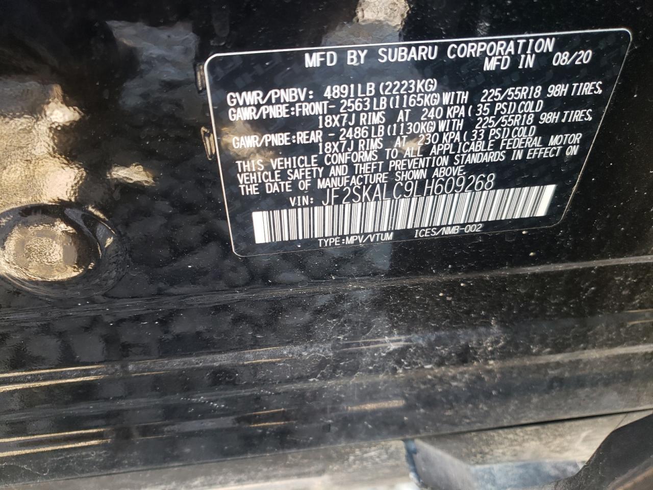 Photo 10 from auction – 2020 SUBARU FORESTER S with VIN JF2SKALC9LH609268