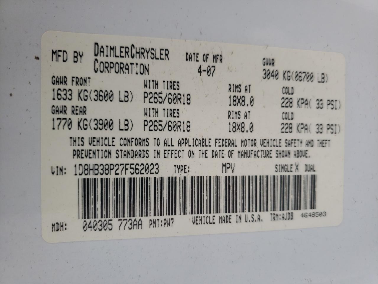 Photo 10 from auction – 2007 DODGE DURANGO SX with VIN 1D8HB38P27F562023