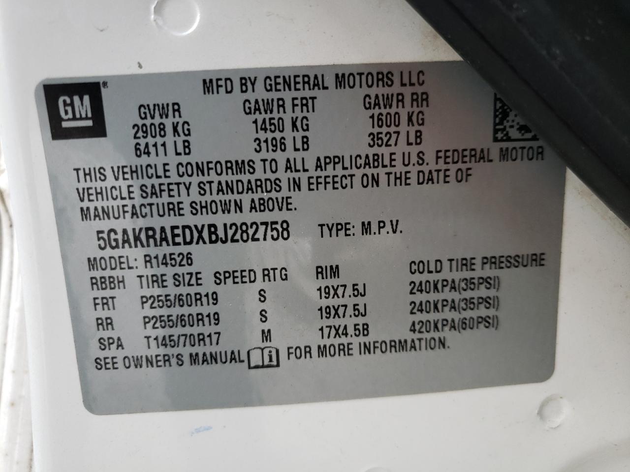 Photo 10 from auction – 2011 BUICK ENCLAVE CX with VIN 5GAKRAEDXBJ282758