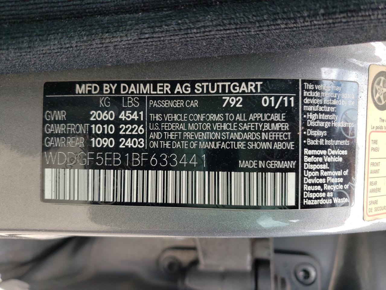 Photo 10 from auction – 2011 MERCEDES-BENZ C 300 with VIN WDDGF5EB1BF633441