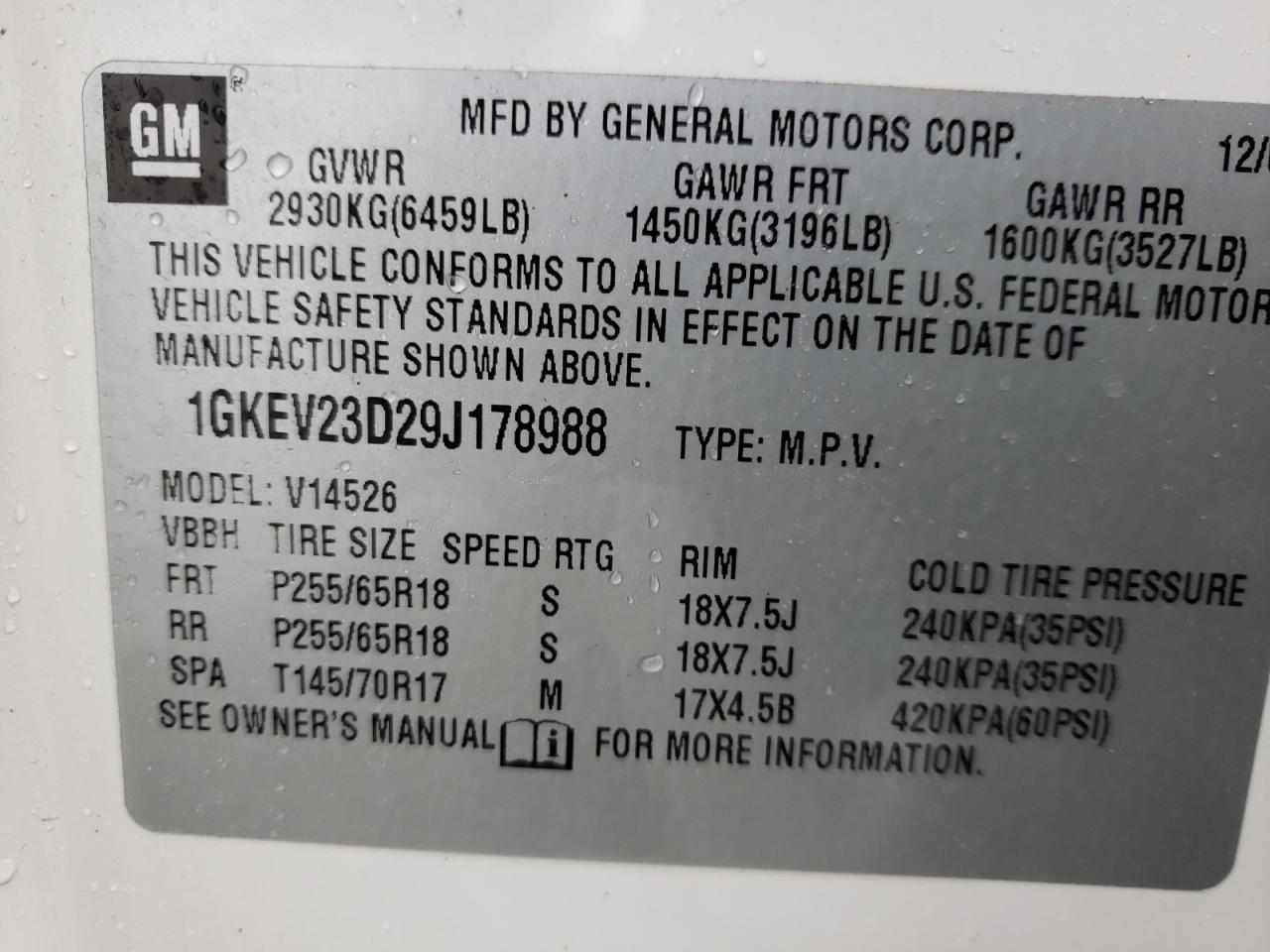Photo 10 from auction – 2009 GMC ACADIA SLT with VIN 1GKEV23D29J178988