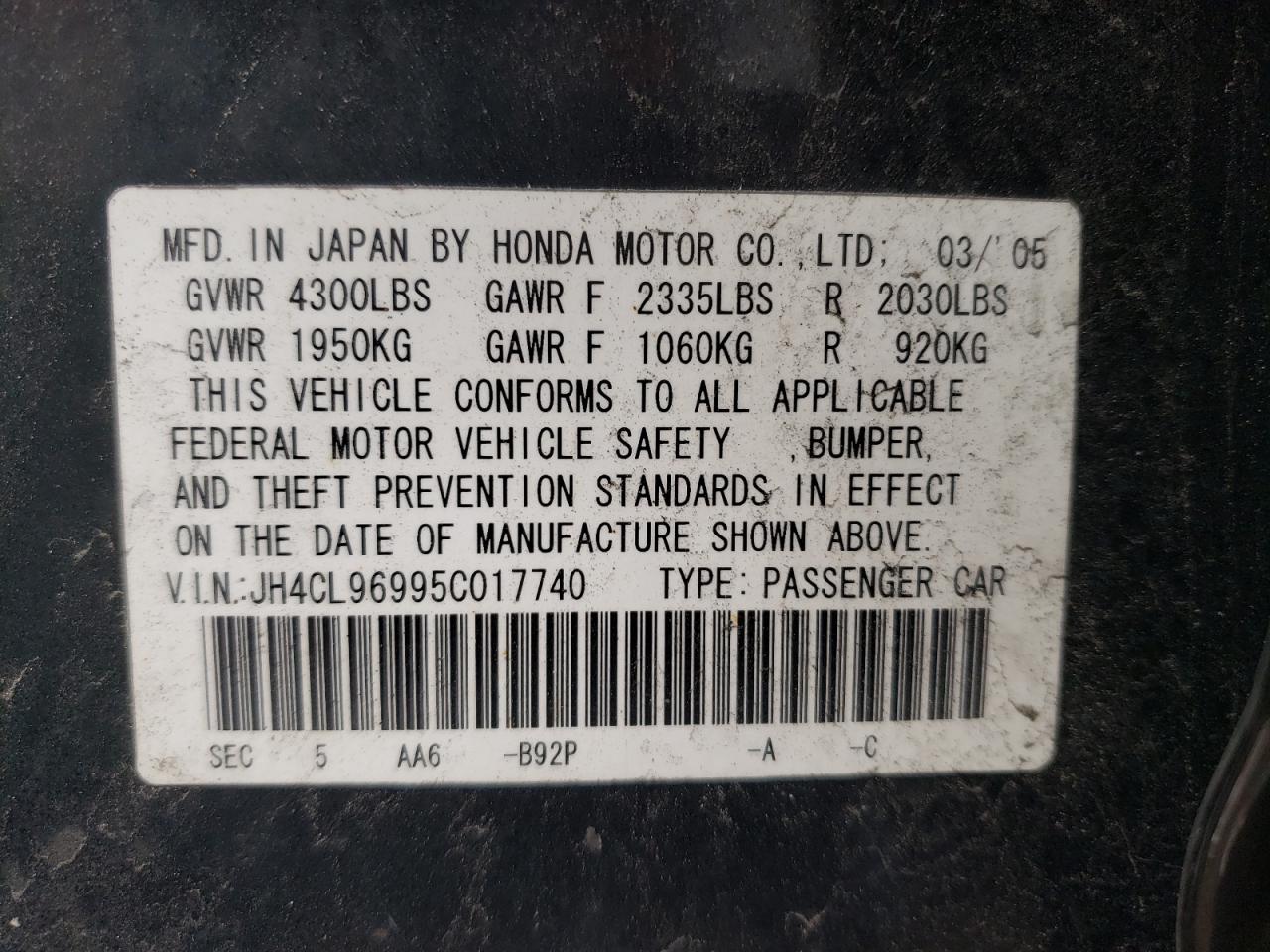 Photo 10 from auction – 2005 ACURA TSX with VIN JH4CL96995C017740
