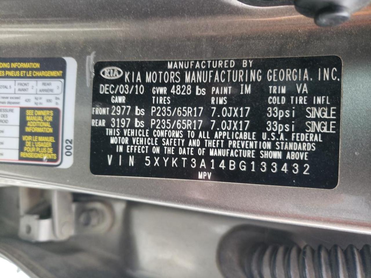 Photo 10 from auction – 2011 KIA SORENTO BA with VIN 5XYKT3A14BG133432