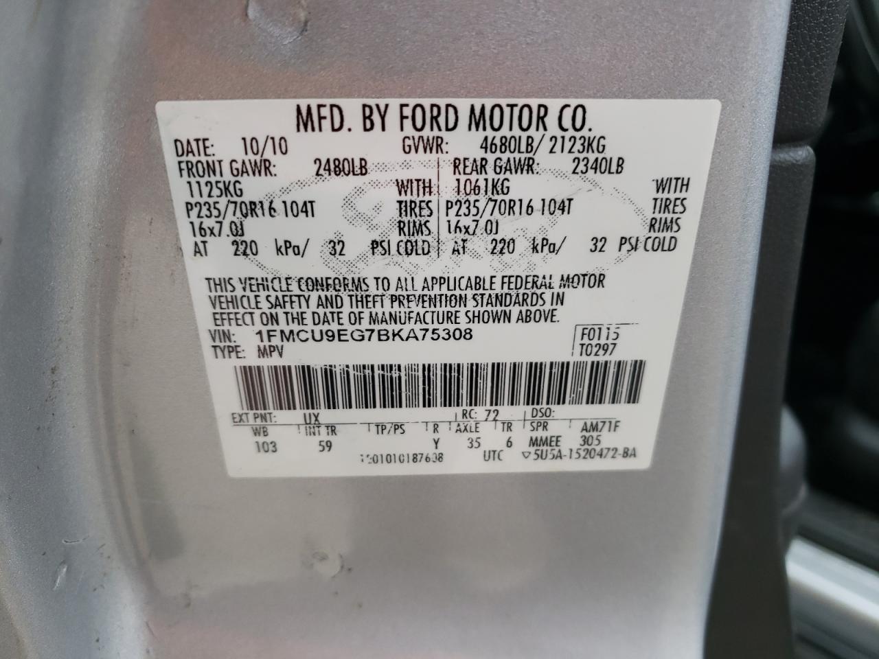 Photo 10 from auction – 2011 FORD ESCAPE with VIN 1FMCU9EG7BKA75308