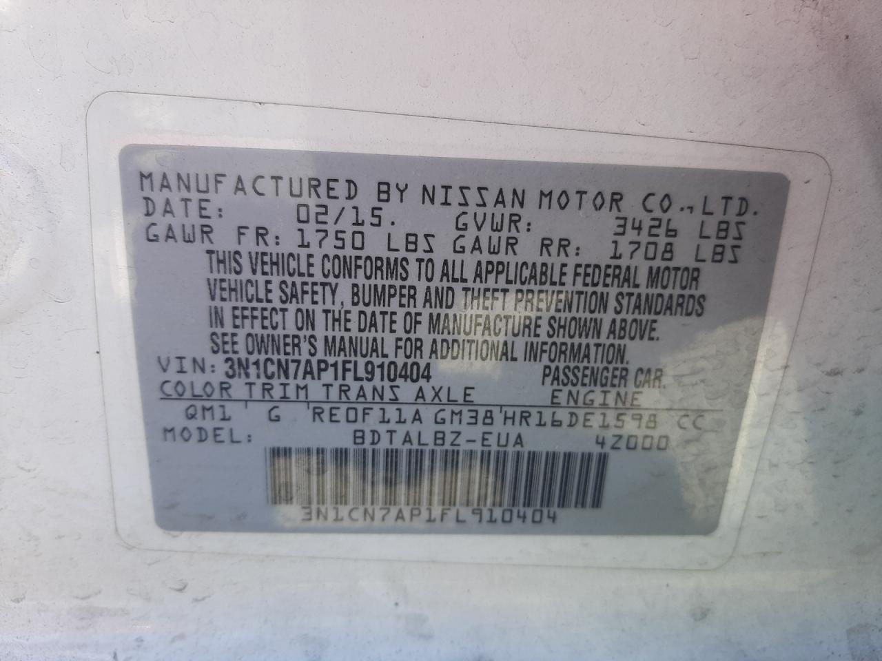 Photo 10 from auction – 2015 NISSAN VERSA S with VIN 3N1CN7AP1FL910404