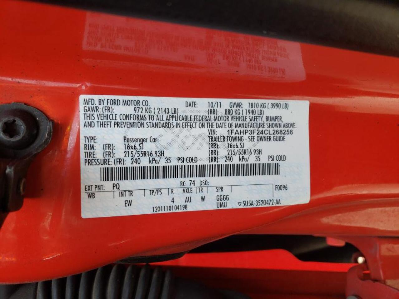Photo 10 from auction – 2012 FORD FOCUS SE with VIN 1FAHP3F24CL268258