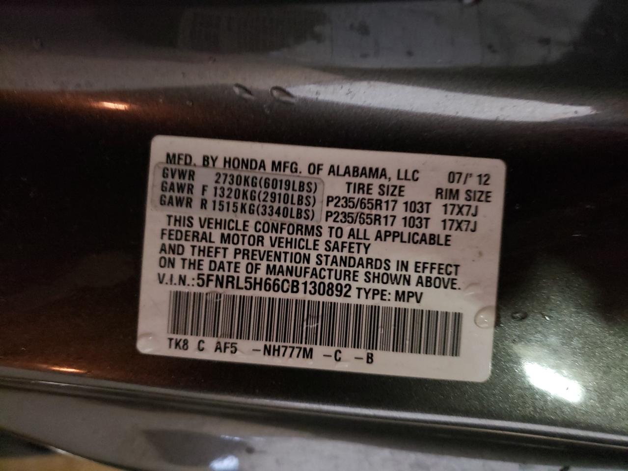 Photo 10 from auction – 2012 HONDA ODYSSEY EX with VIN 5FNRL5H66CB130892