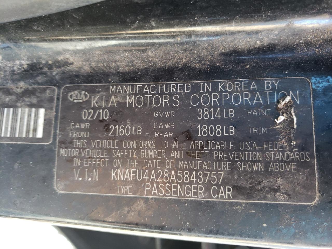 Photo 10 from auction – 2010 KIA FORTE EX with VIN KNAFU4A28A5843757