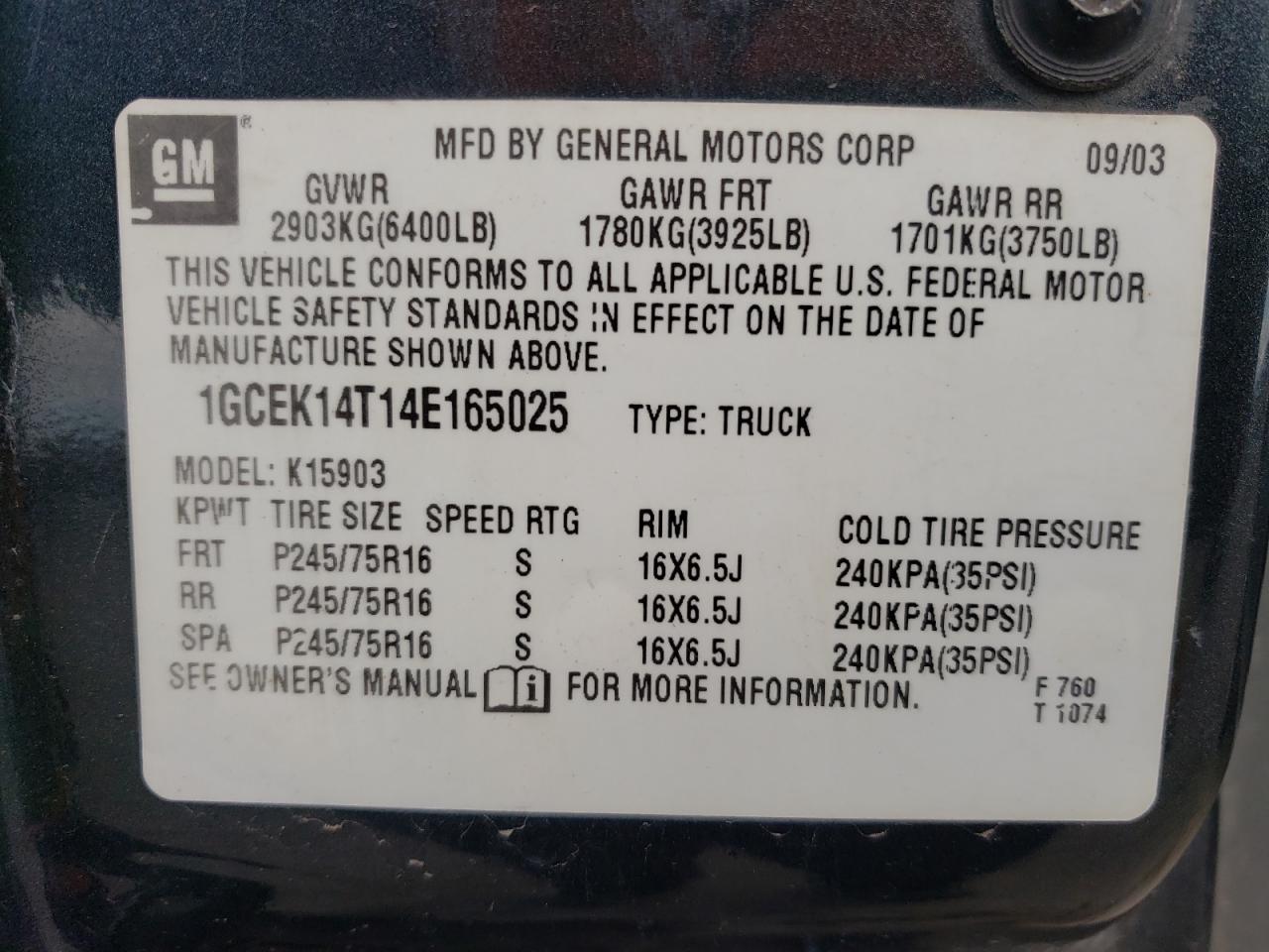 Photo 10 from auction – 2004 CHEVROLET SILVERADO with VIN 1GCEK14T14E165025