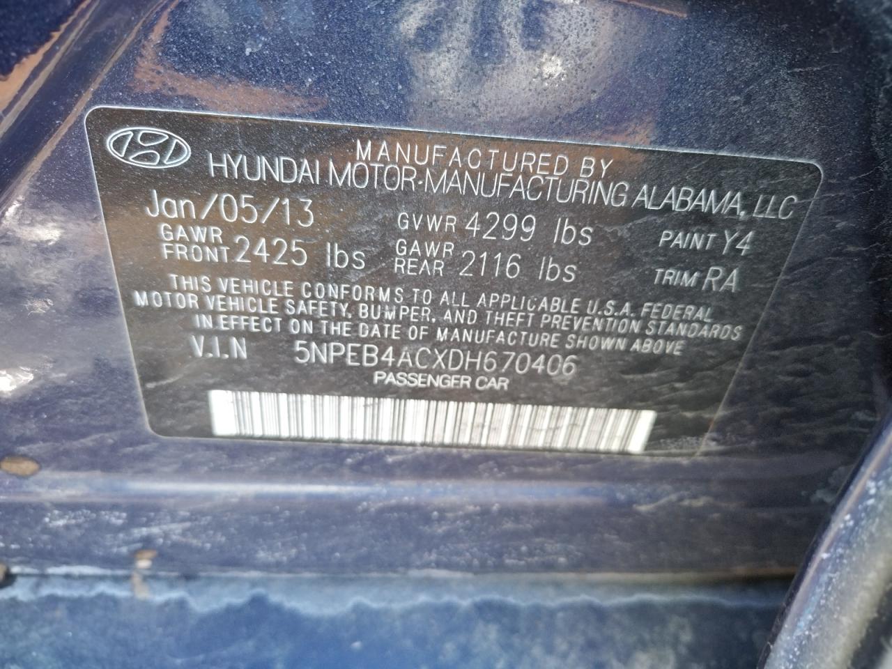 Photo 10 from auction – 2013 HYUNDAI SONATA GLS with VIN 5NPEB4ACXDH670406