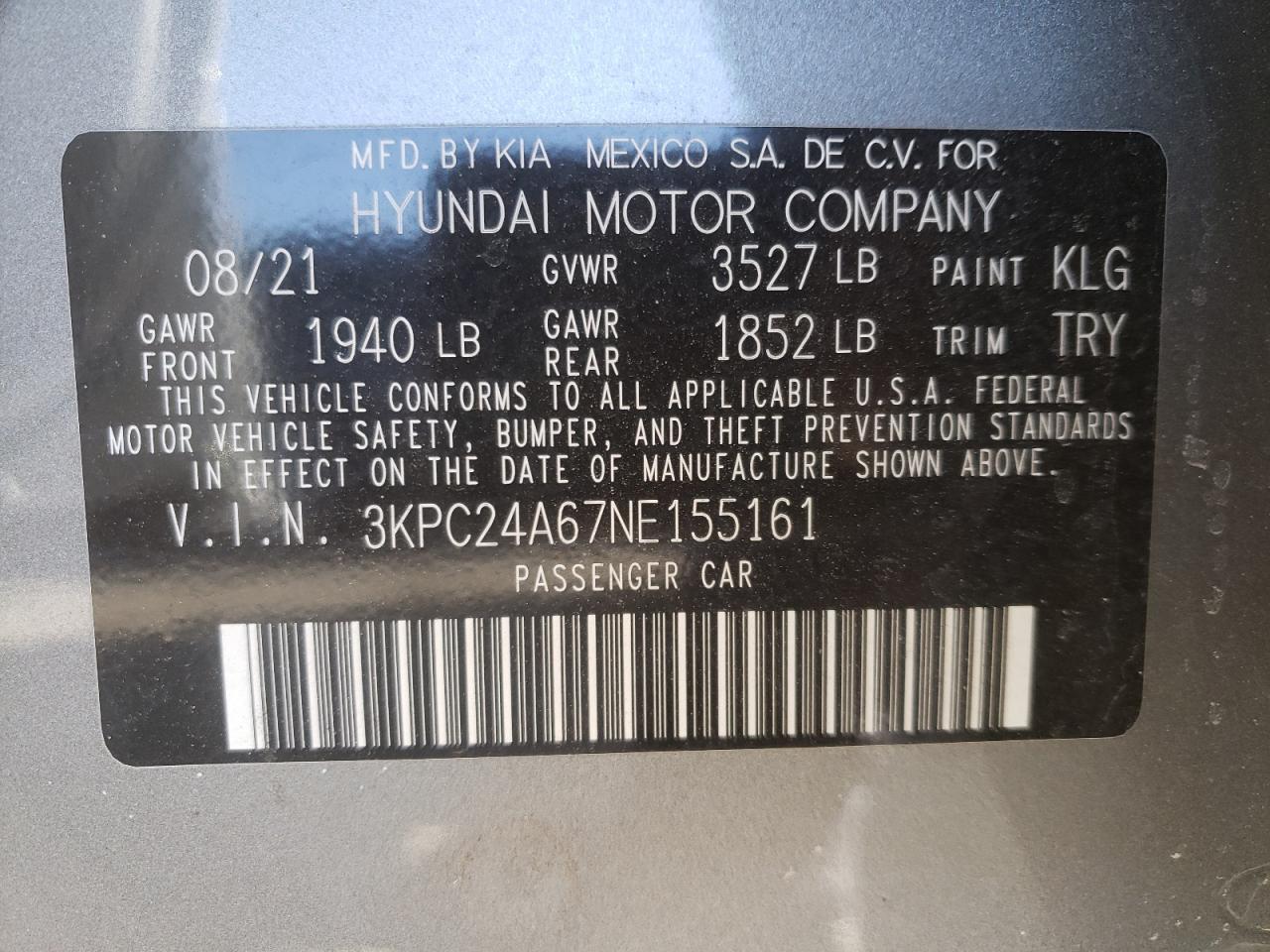 Photo 10 from auction – 2022 HYUNDAI ACCENT SE with VIN 3KPC24A67NE155161