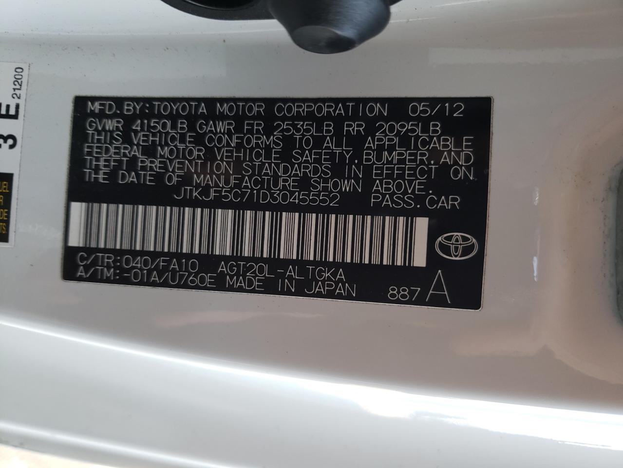 Photo 10 from auction – 2013 TOYOTA SCION TC with VIN JTKJF5C71D3045552
