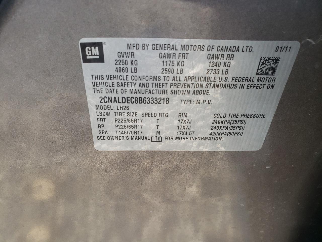 Photo 10 from auction – 2011 CHEVROLET EQUINOX LT with VIN 2CNALDEC8B6333218