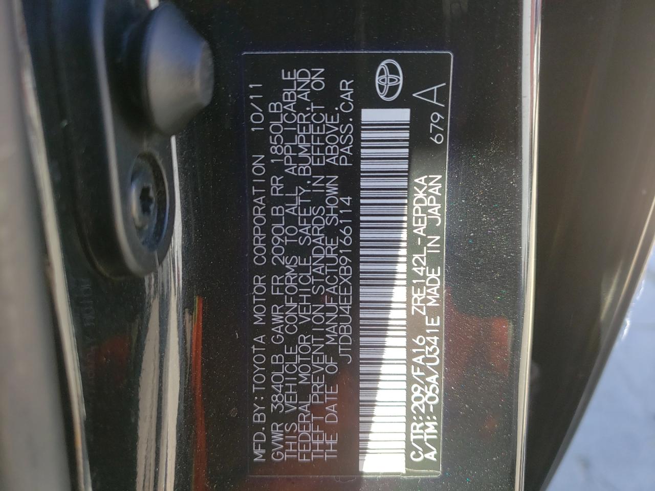 Photo 10 from auction – 2011 TOYOTA COROLLA BA with VIN JTDBU4EEXB9166114