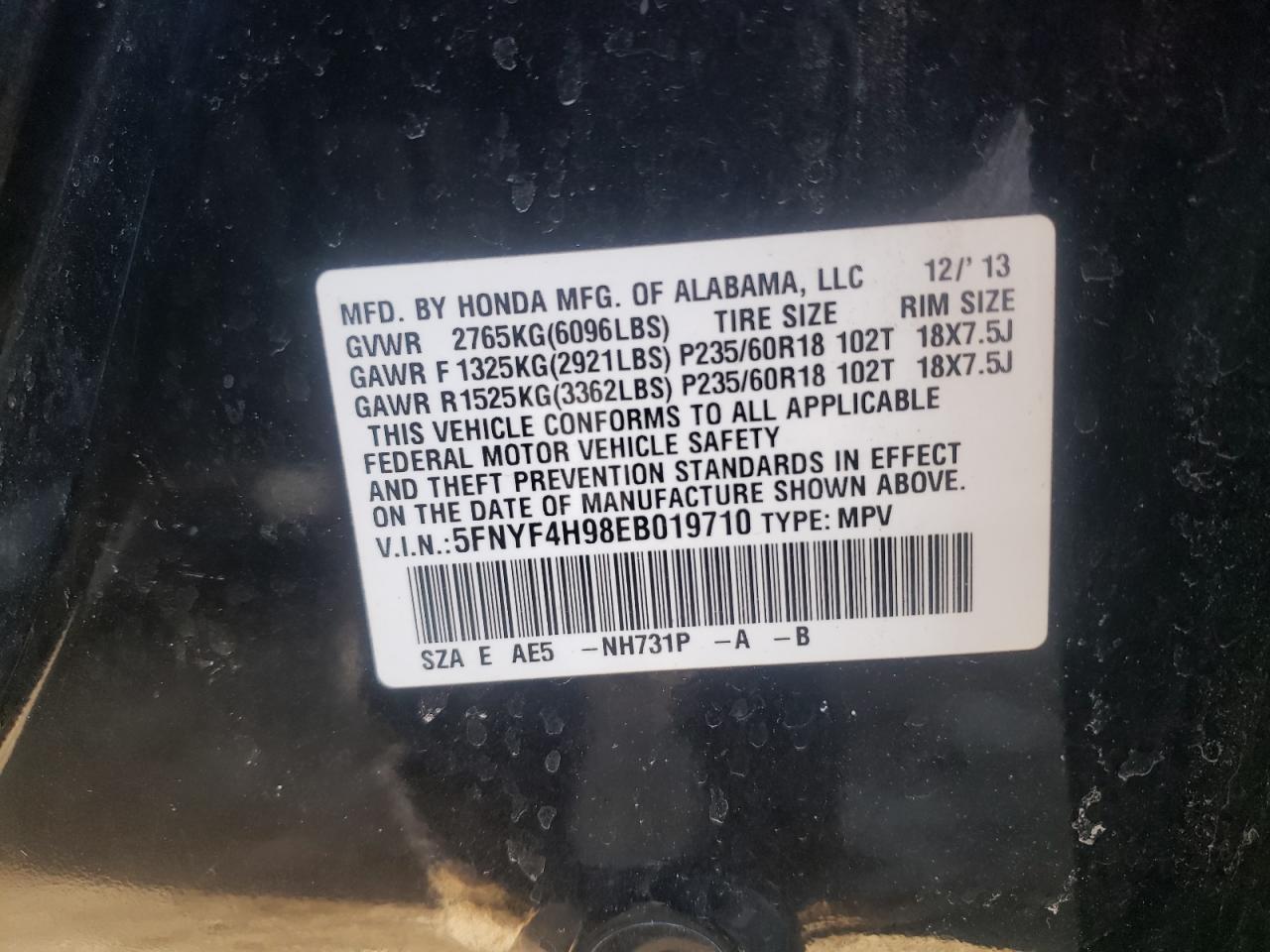 Photo 10 from auction – 2014 HONDA PILOT TOUR with VIN 5FNYF4H98EB019710