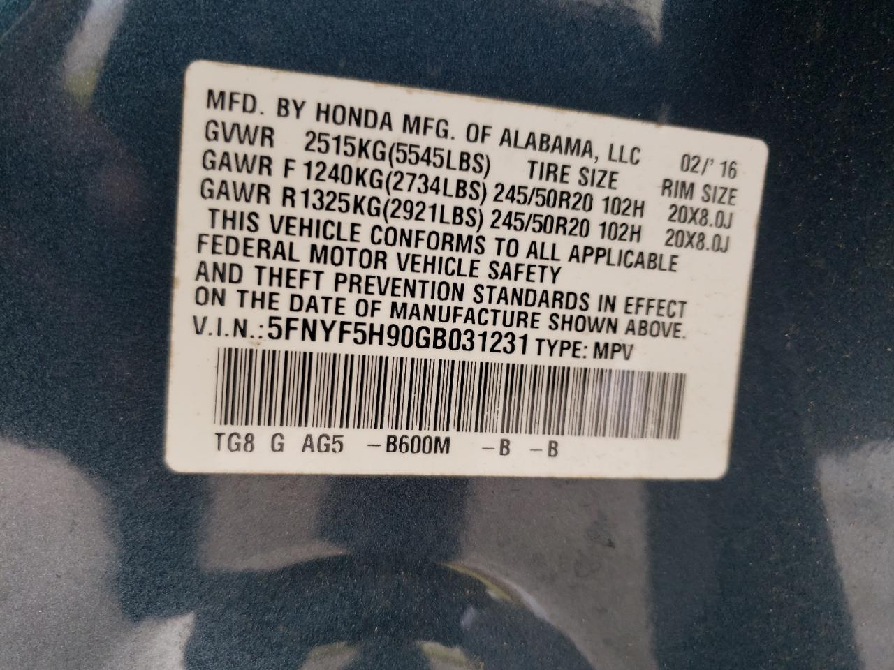 Photo 10 from auction – 2016 HONDA PILOT TOUR with VIN 5FNYF5H90GB031231