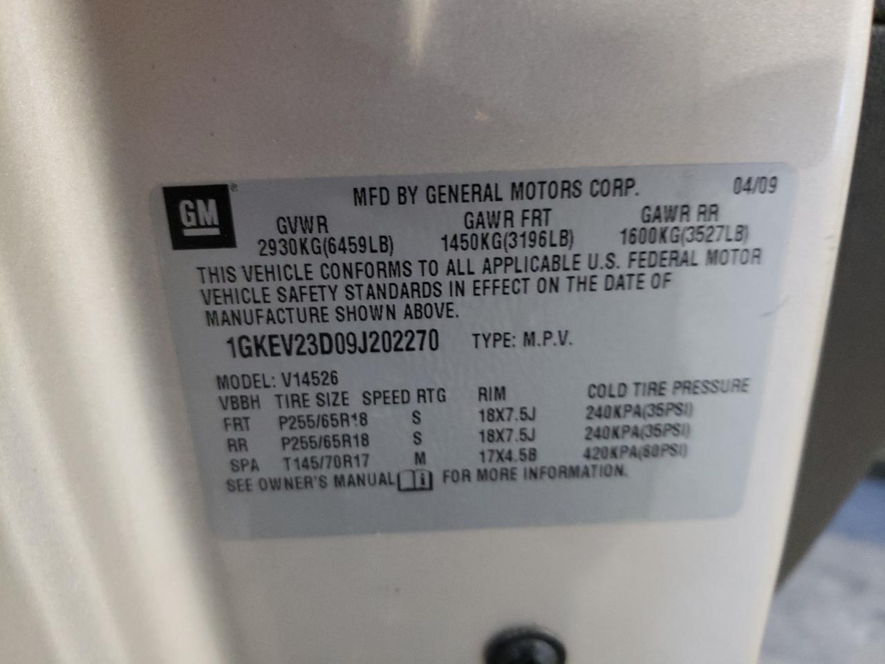 Photo 10 from auction – 2009 GMC ACADIA SLT with VIN 1GKEV23D09J202270