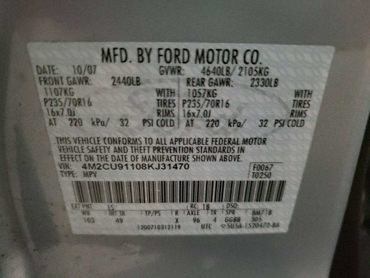 Photo 10 from auction – 2008 MERCURY MARINER with VIN 4M2CU91108KJ31470