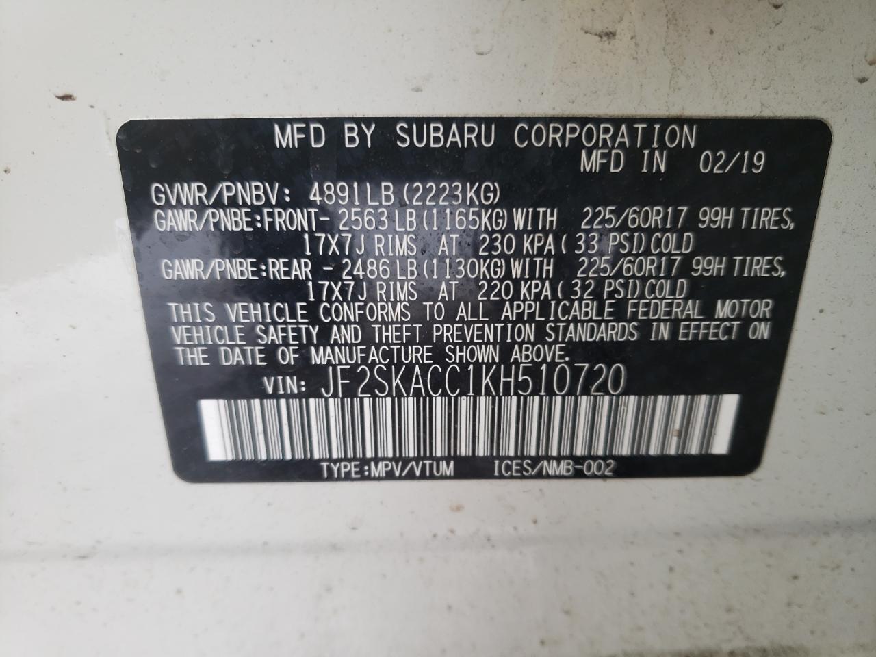 Photo 10 from auction – 2019 SUBARU FORESTER with VIN JF2SKACC1KH510720