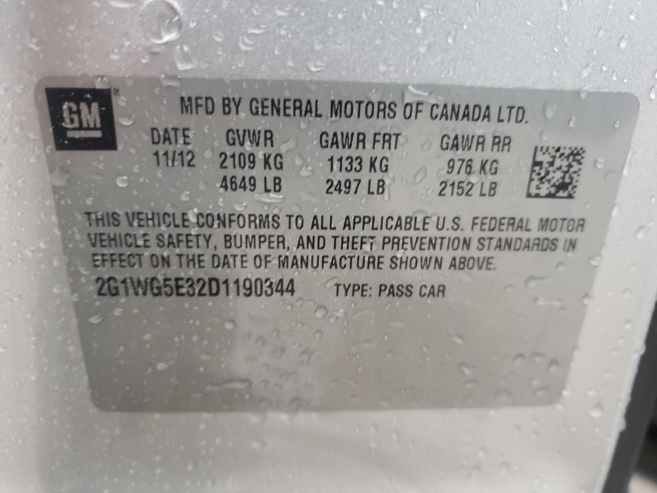 Photo 10 from auction – 2013 CHEVROLET IMPALA LT with VIN 2G1WG5E32D1190344