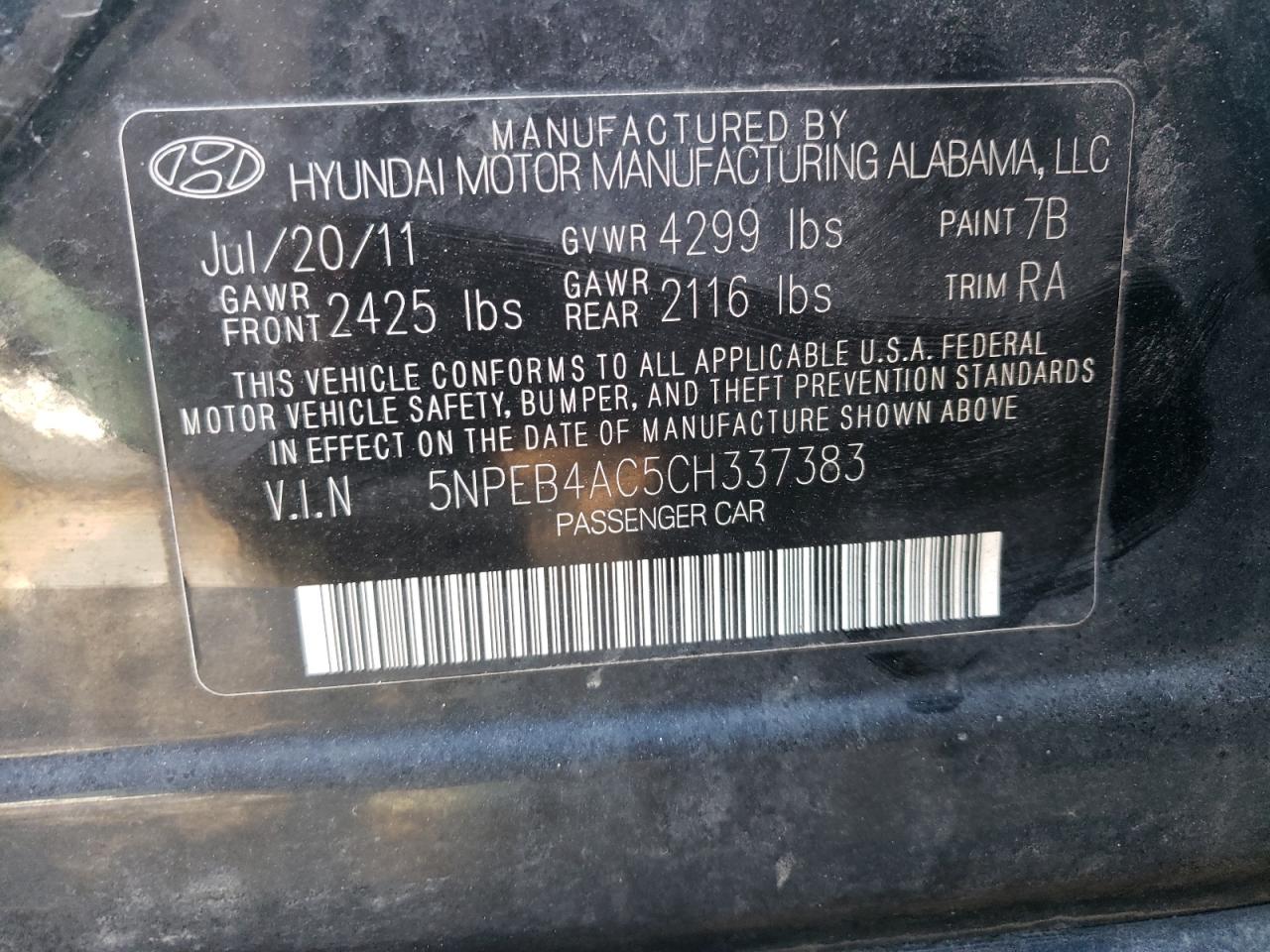 Photo 10 from auction – 2012 HYUNDAI SONATA GLS with VIN 5NPEB4AC5CH337383