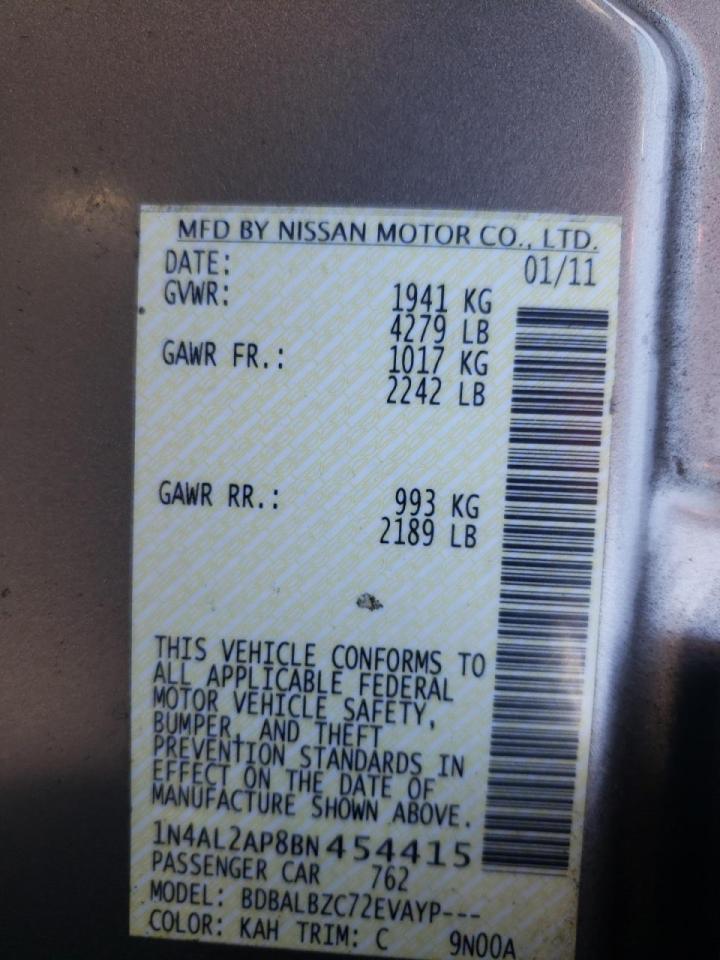 Photo 10 from auction – 2011 NISSAN ALTIMA BAS with VIN 1N4AL2AP8BN454415