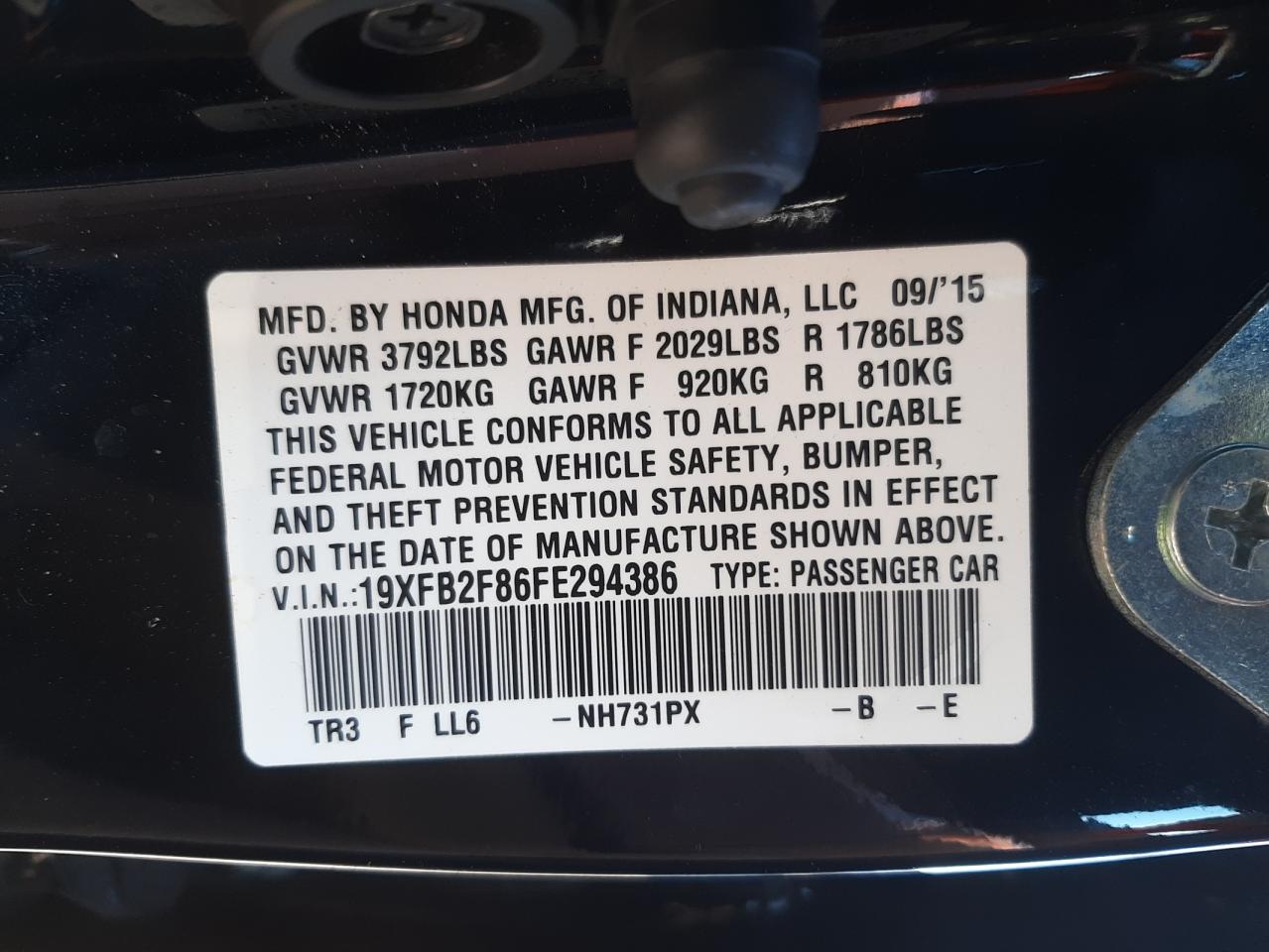 Photo 10 from auction – 2015 HONDA CIVIC EX with VIN 19XFB2F86FE294386