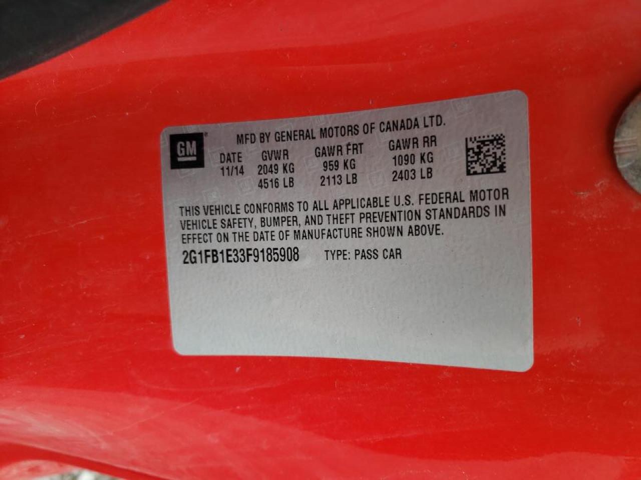 Photo 10 from auction – 2015 CHEVROLET CAMARO LS with VIN 2G1FB1E33F9185908