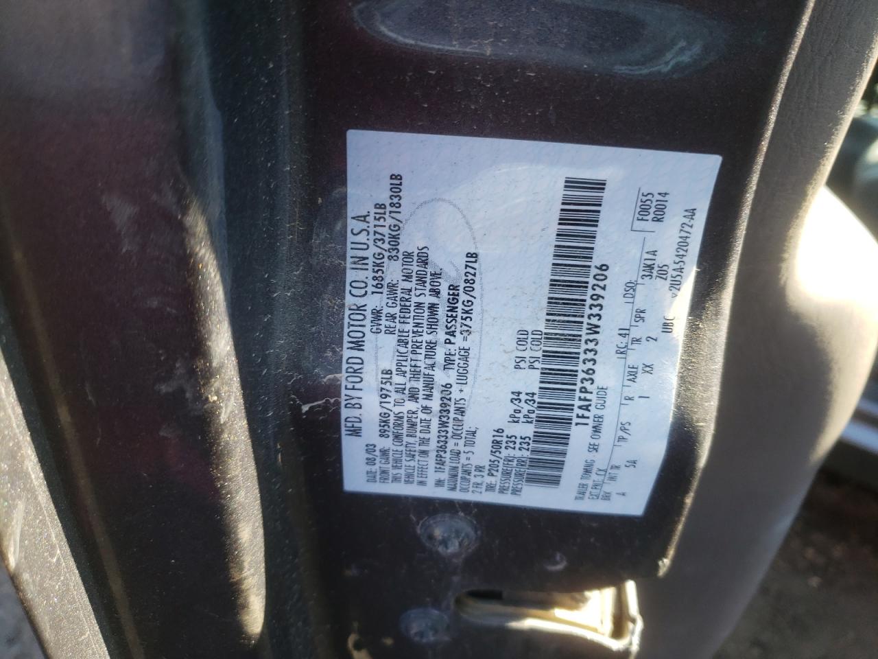 Photo 10 from auction – 2003 FORD FOCUS SE with VIN 1FAFP36333W339206