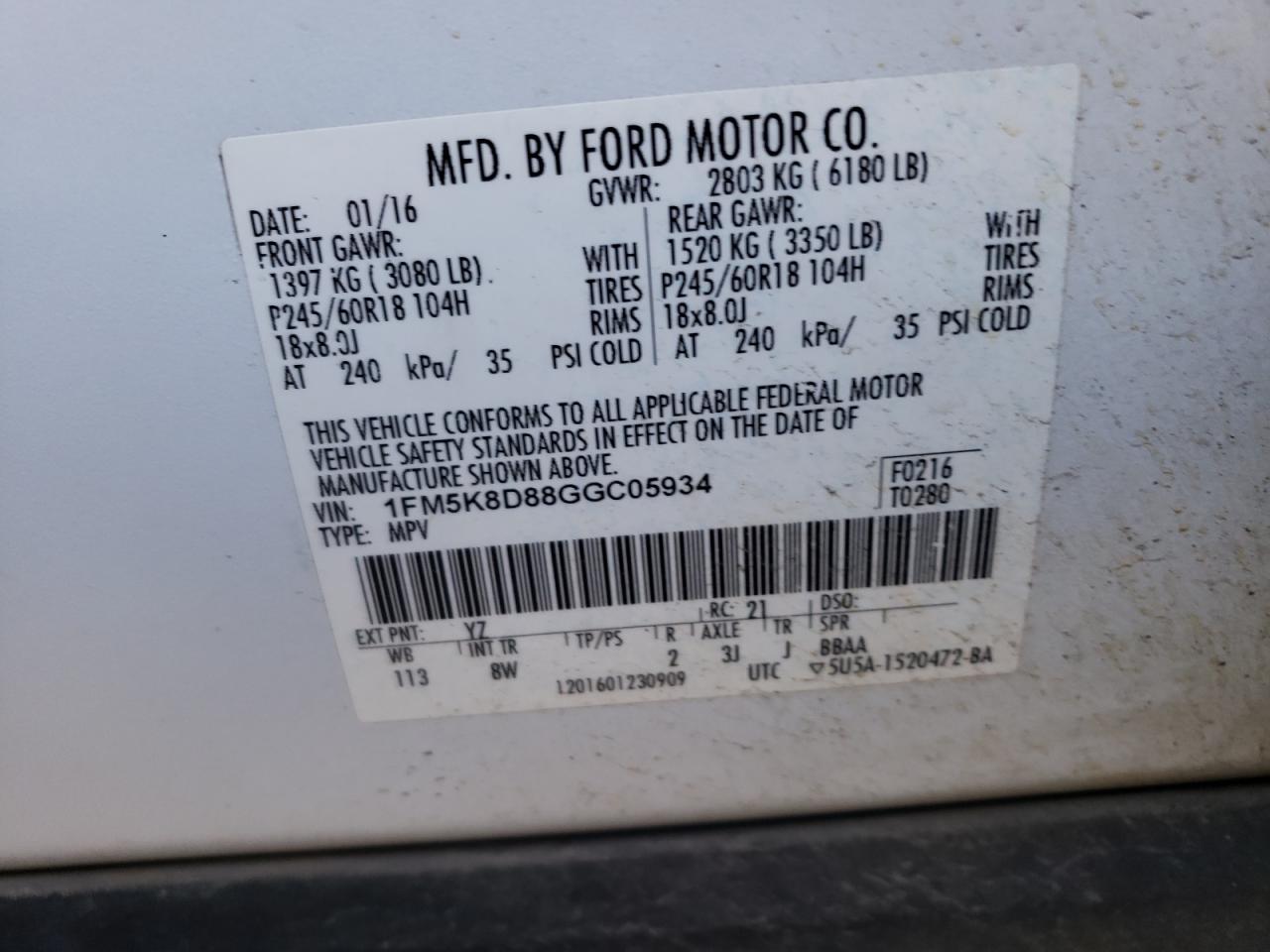 Photo 10 from auction – 2016 FORD EXPLORER X with VIN 1FM5K8D88GGC05934