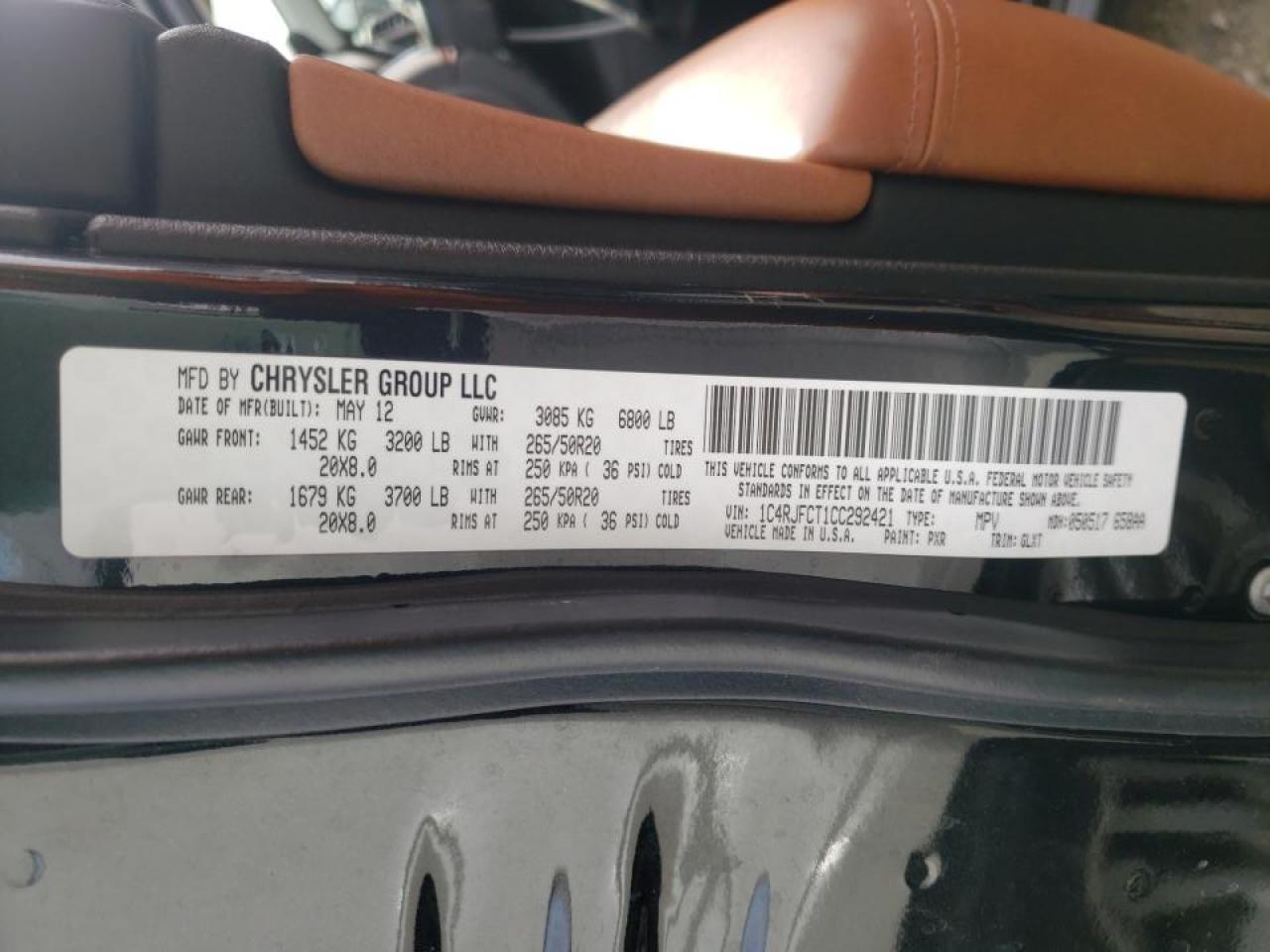 Photo 10 from auction – 2012 JEEP GRAND CHER with VIN 1C4RJFCT1CC292421