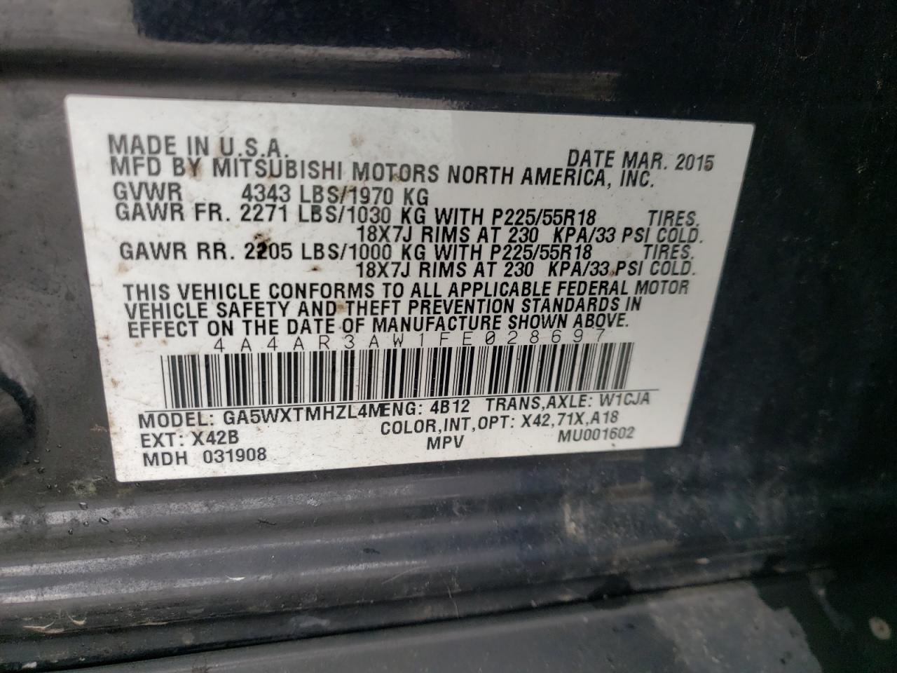 Photo 10 from auction – 2015 MITSUBISHI OUTLANDER with VIN 4A4AR3AW1FE028697