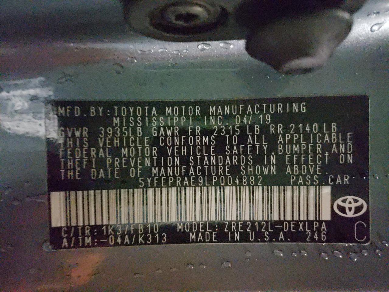 Photo 10 from auction – 2020 TOYOTA COROLLA LE with VIN 5YFEPRAE9LP004882