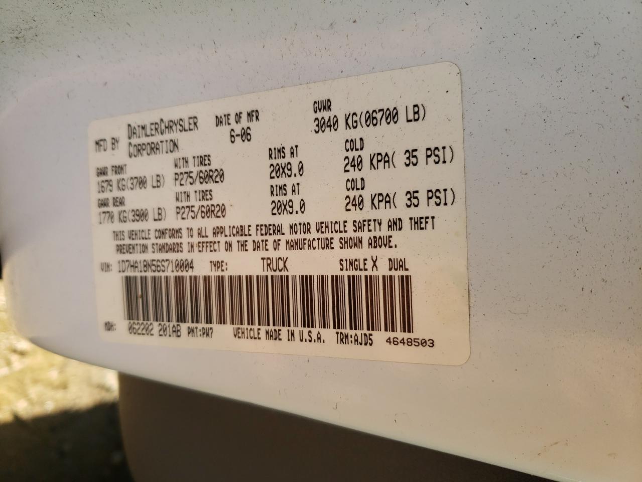Photo 10 from auction – 2006 DODGE RAM with VIN 1D7HA18N56S710004
