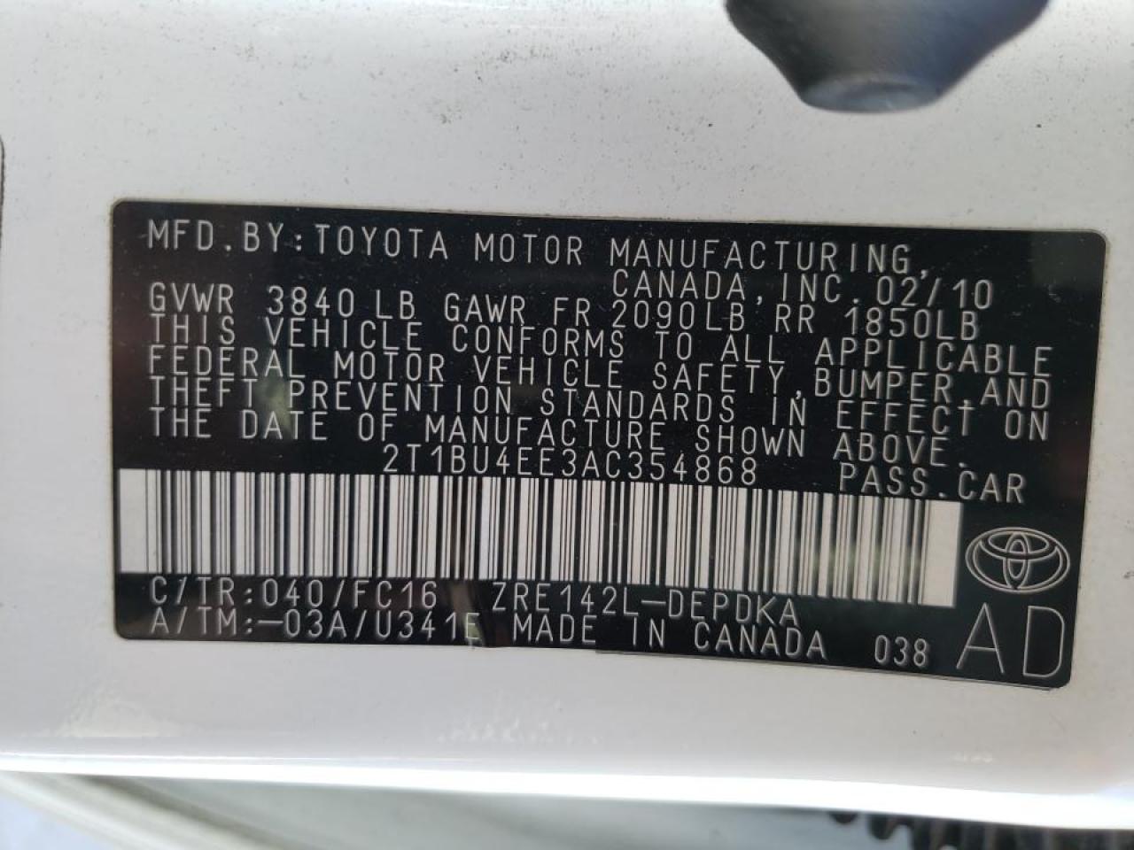 Photo 10 from auction – 2010 TOYOTA COROLLA BA with VIN 2T1BU4EE3AC354868