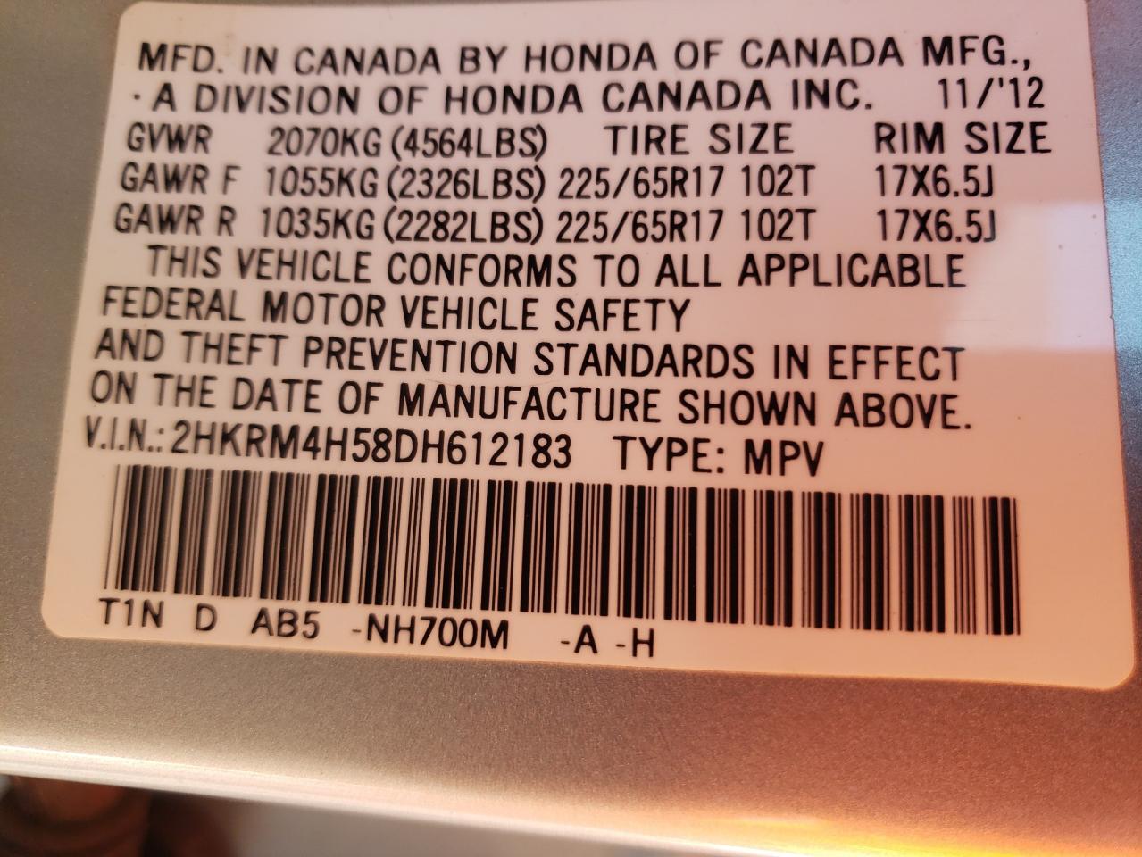Photo 10 from auction – 2013 HONDA CR-V EX with VIN 2HKRM4H58DH612183
