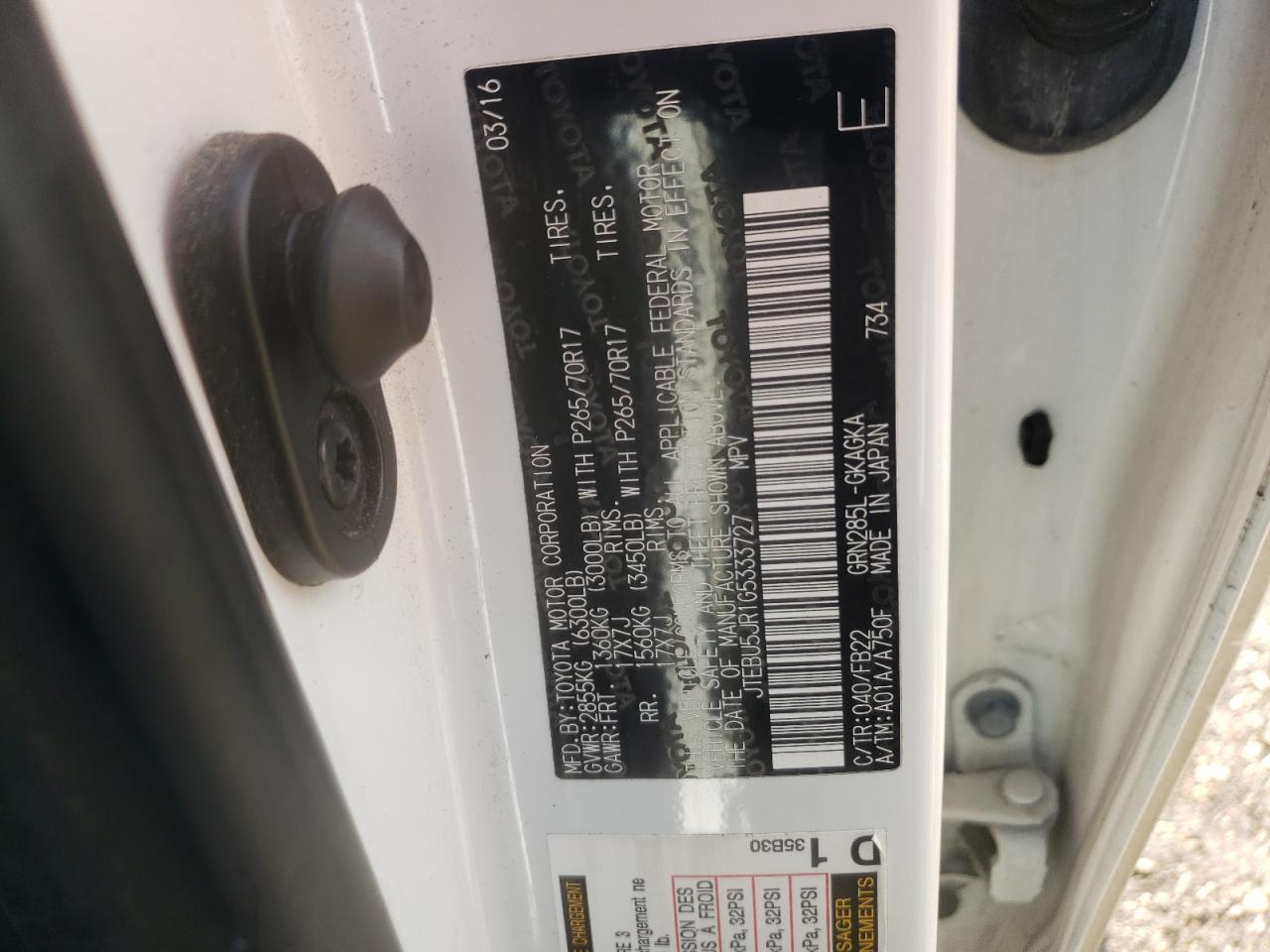 Photo 10 from auction – 2016 TOYOTA 4RUNNER SR with VIN JTEBU5JR1G5333727