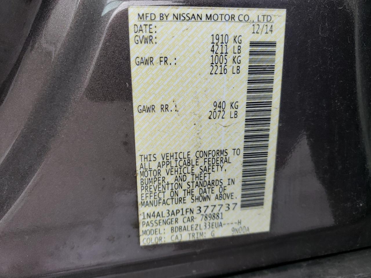 Photo 10 from auction – 2015 NISSAN ALTIMA 2.5 with VIN 1N4AL3AP1FN377737