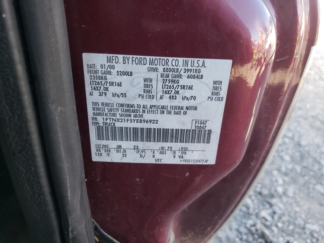 Photo 10 from auction – 2000 FORD F250 SUPER with VIN 1FTNX21F5YEB96922