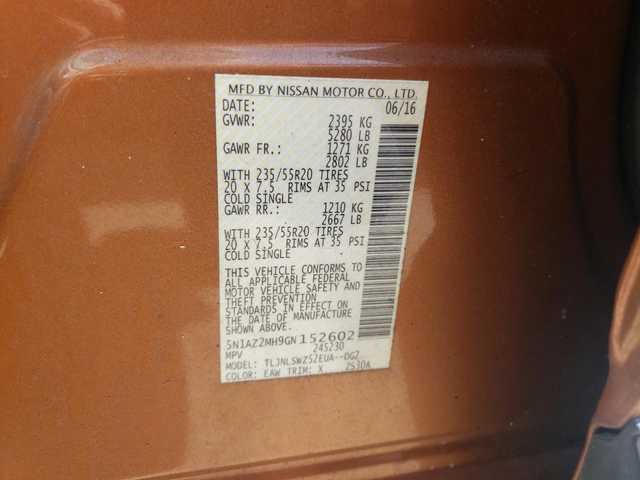 Photo 10 from auction – 2016 NISSAN MURANO S with VIN 5N1AZ2MH9GN152602
