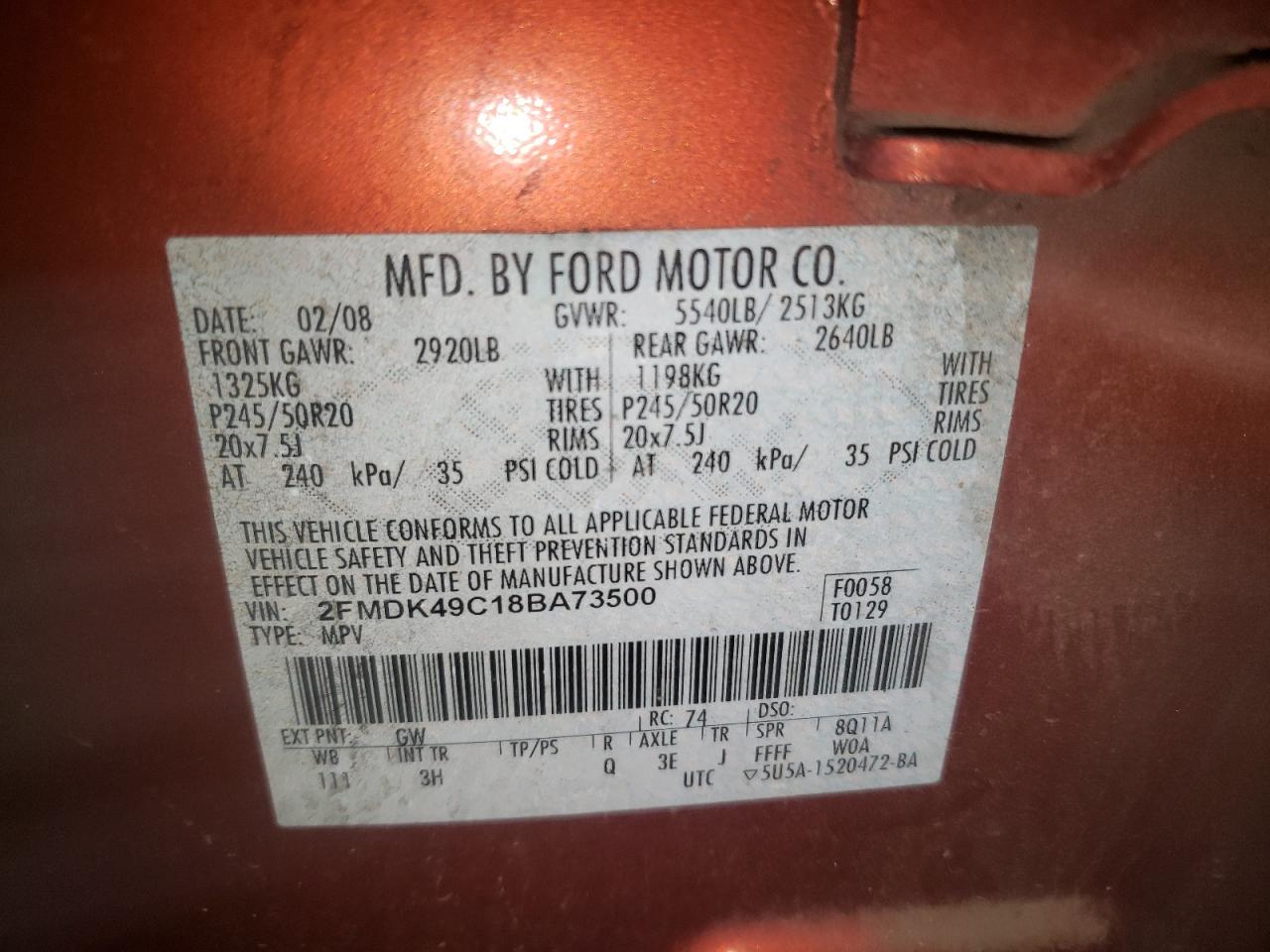 Photo 10 from auction – 2008 FORD EDGE LIMIT with VIN 2FMDK49C18BA73500