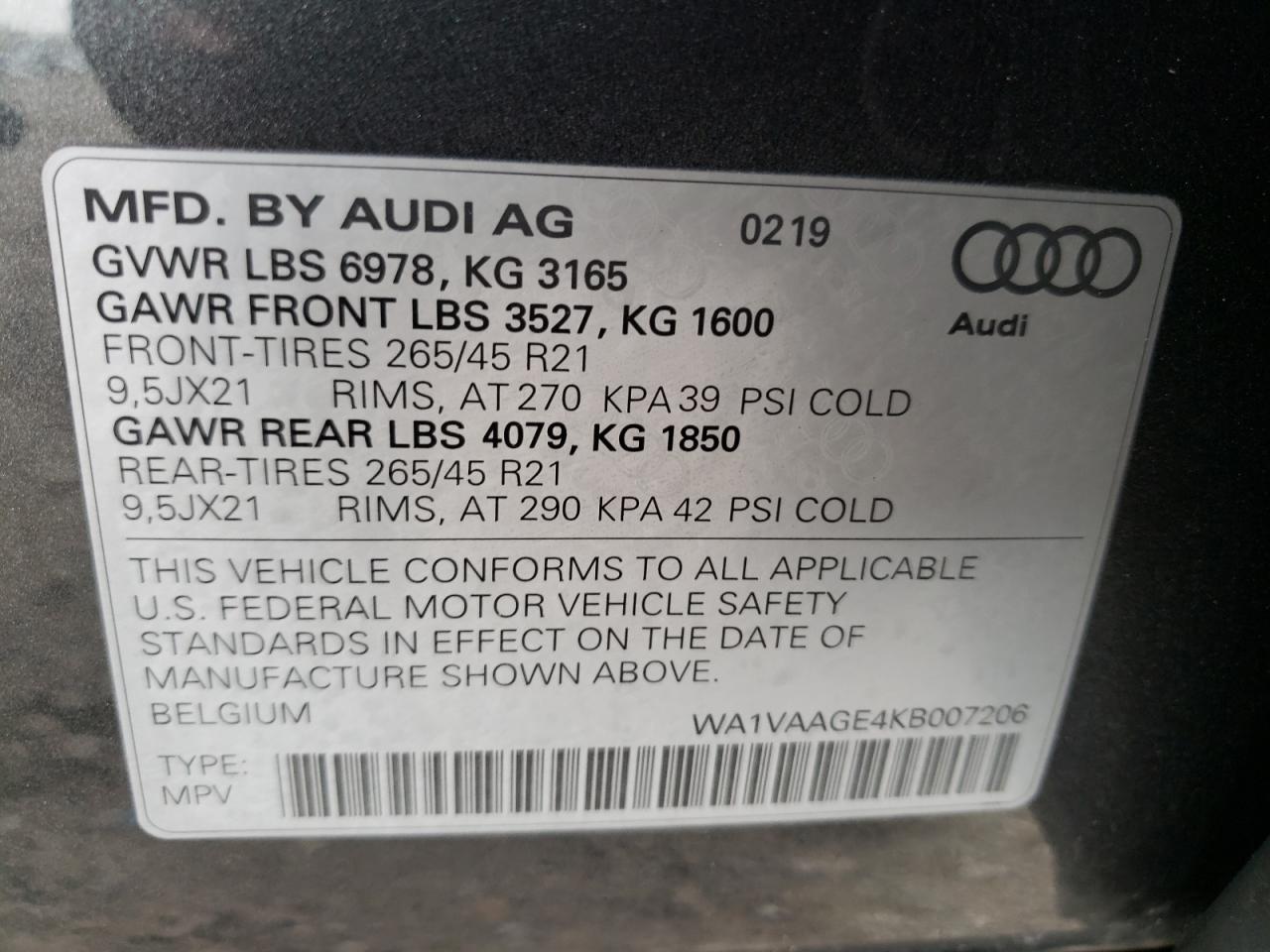 Photo 10 from auction – 2019 AUDI E-TRON PRE with VIN WA1VAAGE4KB007206