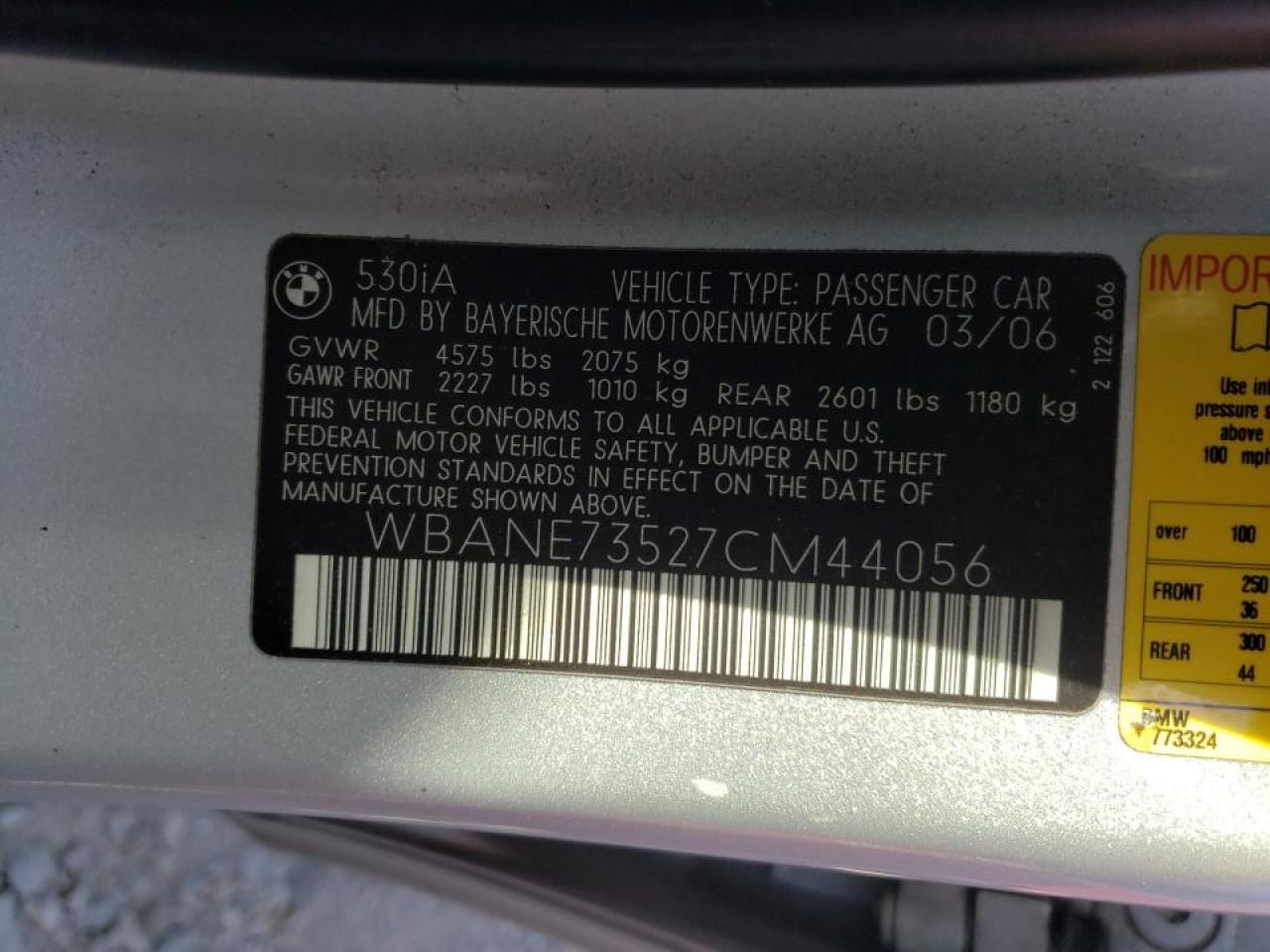 Photo 10 from auction – 2007 BMW 530 I with VIN WBANE73527CM44056